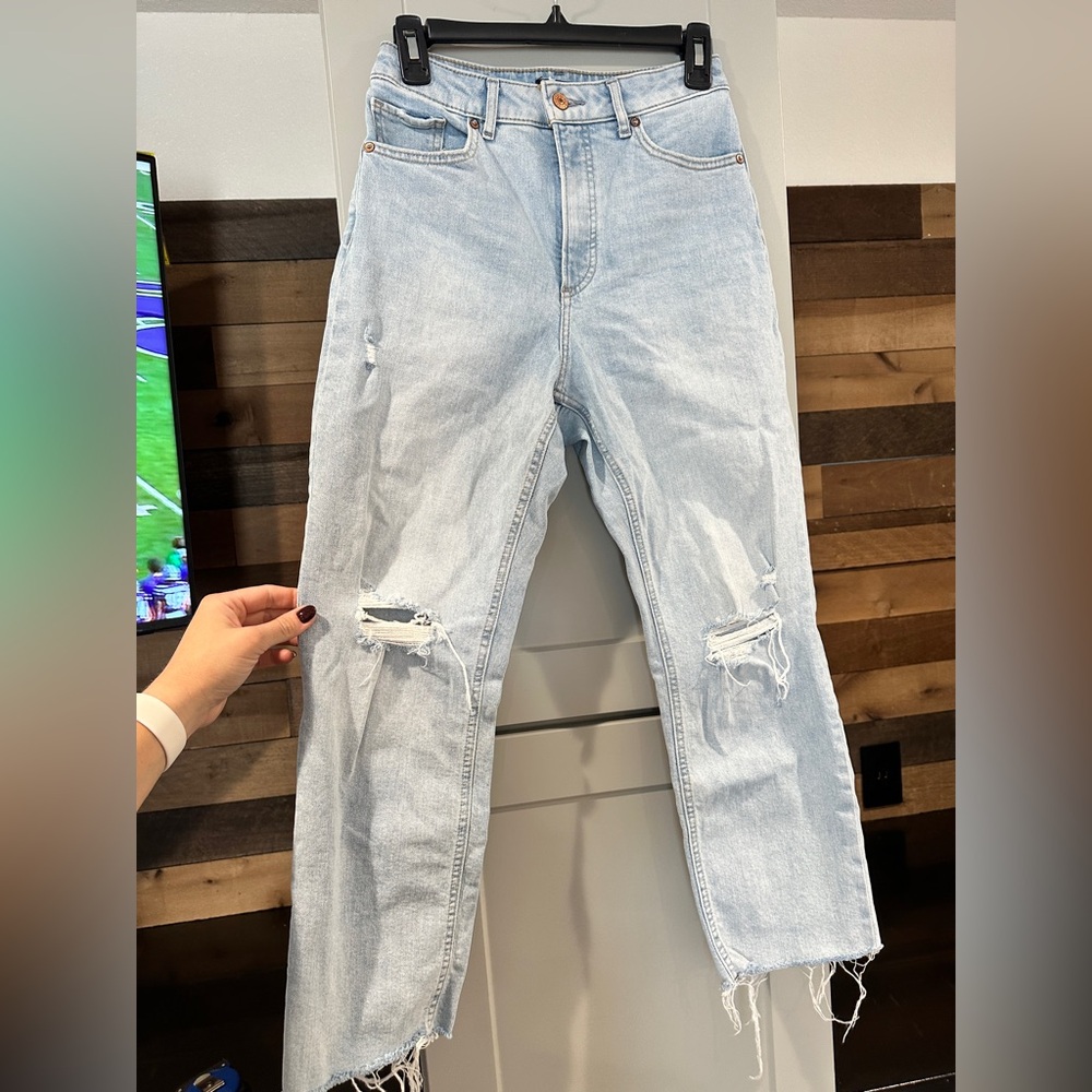 Express Light Blue Ripped Straight Leg  (Curvy Mom Jean)